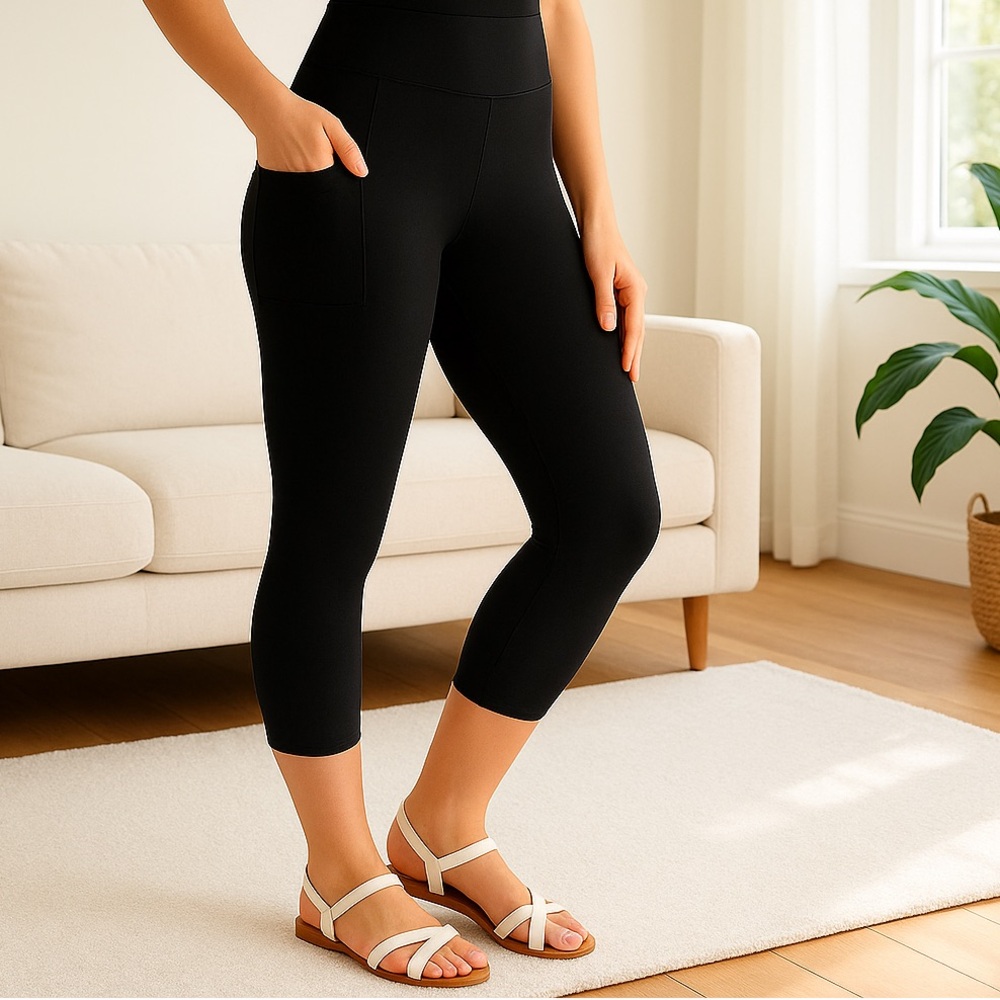 OS/TC NEW Womens Black Capri Pocket Leggings, Buttery Soft Yoga Pant, YOGA WAIST